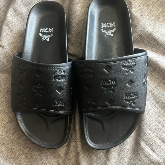 MCM Embossed Black Slide Sandals